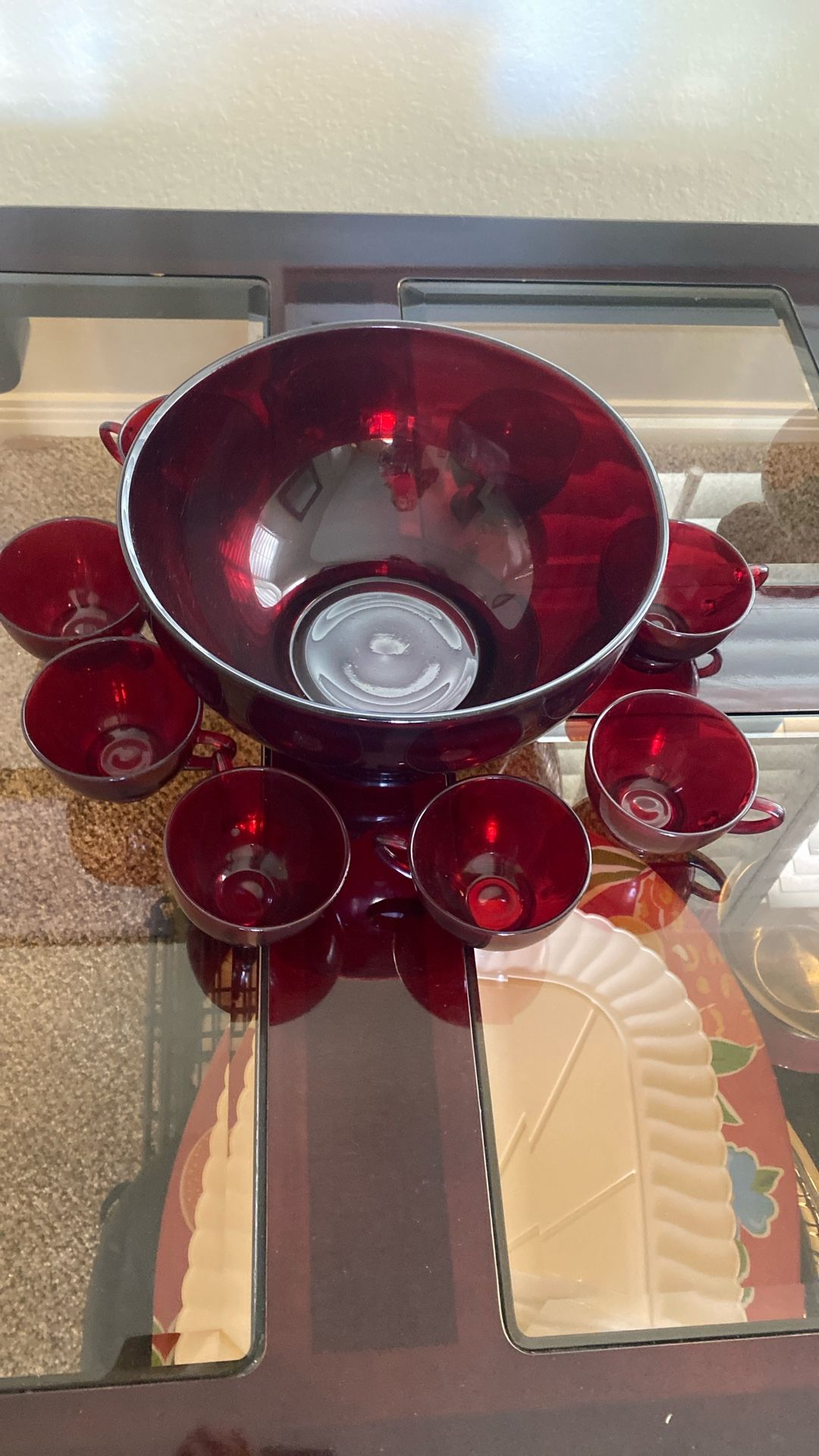 Antique Vintage Very hard To Find  Red Punch Bowl Set