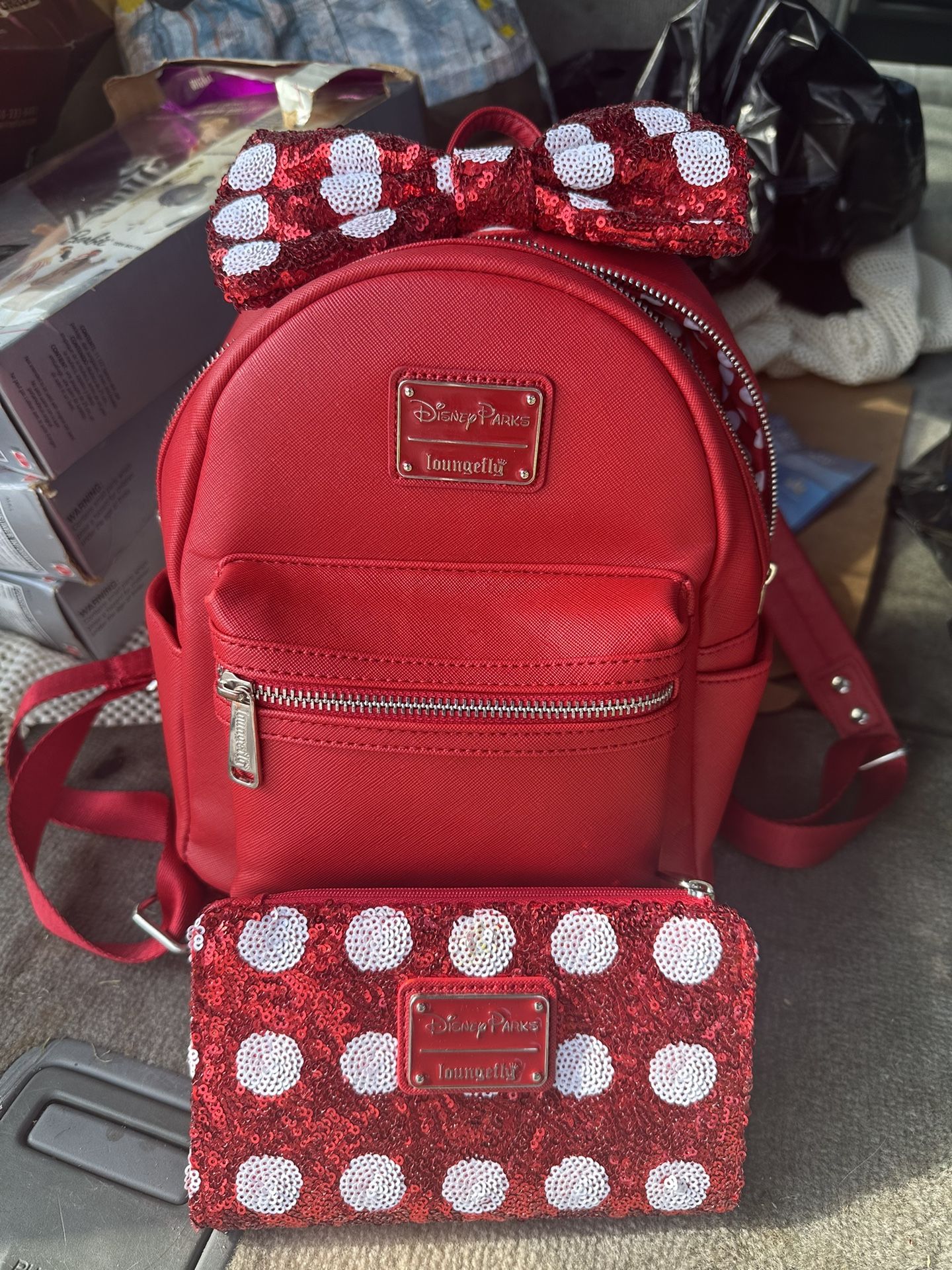 Disney Parks Loungefly Minnie Mouse Red Mini Backpack Polka Dot Sequined Bow Plus Wallet