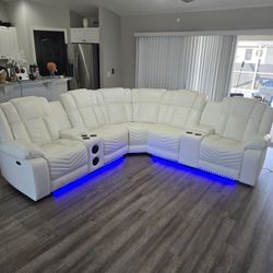 POWER RECLINING SOFA WITH SPEAKERS, LED LIGHTS, USB, BLUETOOTH, CUP HOLDERS AND ARM STORAGE 