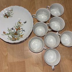 Vintage "Butterfly" Shafford Porcelain Tea Cups and Dessert Plates Set- 16 Pieces
