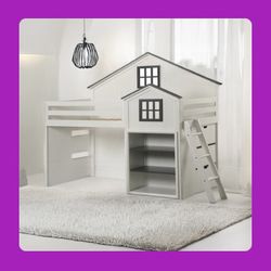 NEW GREY WHITE FINISH HOUSE TWIN LOFT BED BOOKCASE LADDER LITERA 