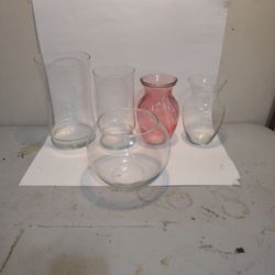 4 Glass Vases & 1 Glass Bowl + A Glass Cone bowlish bowl piece I don't know what is..