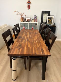 Large Solid Acacia Wood Dining Table + 6 Solid Wood & Leather Chairs