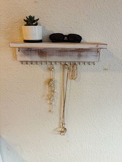 Rustic Wood Wall Shelf with Jewelry Hooks