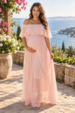 Blush Pink Chiffon Maternity Photoshoot Maxi Dress Size M