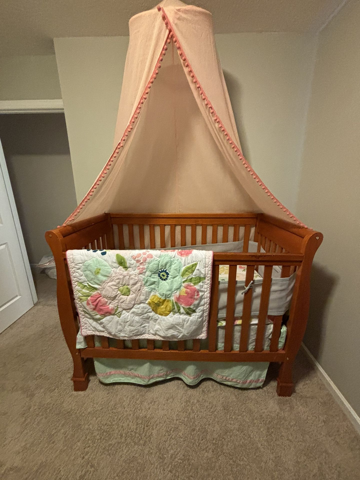 Crib, Mattress, Changing Table, Bedding Set And Canopy