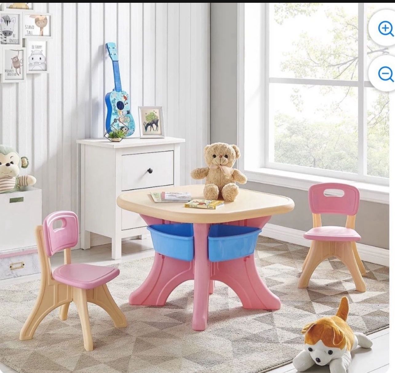 Kidzilla Activity Kids Table and 2PCS Chairs Set with Center Storage Bin for Boy Girl, Pink/Beige