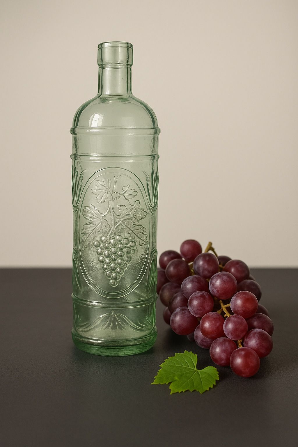 Spanish Vintage 1950s Green Tint Glass Wine Bottle Embossed Grape Vines, 11.5”