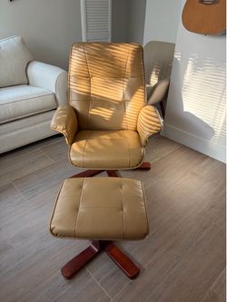 Tan Leather Recliner Chair and Ottoman