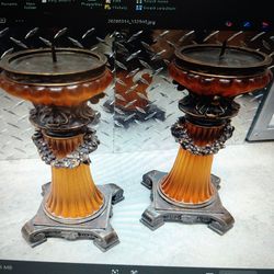 Vintage Decorative Candle Holders Set – Amber Glass & Bronze Finish – Elegant Home Decor (Pair)