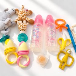 Baby Teether & Feeding Set Bundle – Silicone, BPA Free, Like New + Free Surprise Toys (3 pcs) 