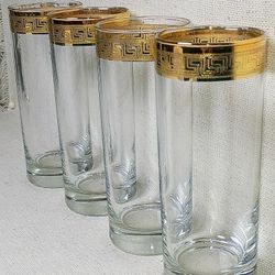 Set Of 4 Vintage Highball Cocktail Glasses 6" Tall Gold Rim Mid-Century 1960s MCM