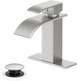 new Bathroom Faucet Brushed Nickel Modern Waterfall Bathroom Sink Faucet with Single Handle Suitable for 1 or 3 Holes,Supply Deck Plate and Hose Abou