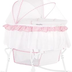 Dream On Me Lacy - Portable 2 in 1 Moses and crib in pink and white, lightweight baby bassinet with storage basket, adjustable and removable awning