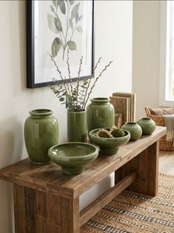7-Pc Wisteria "Basil" Ceramic Vase & Bowl Set - Crackle Glaze Sage Green
