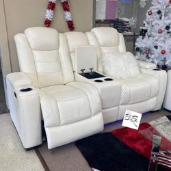 Brand New Theater Couch 💥 Ashley White Leather Power Reclining Sofa Couch With Adjustable Headrest, Cup Holders, USB Charger| Sofa, Recliner Chair|