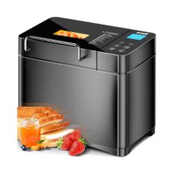 KBS Premium 2.2LB Convection Bread Maker Dual Heaters, 710W Stainless Steel 17-in-1 Bread Machine Healthy Ceramic Pan, Nut Dispenser,Touch Panel,3 Loa