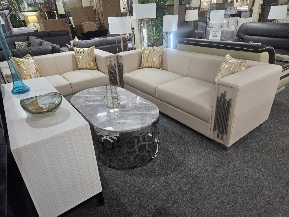 Brand New Biege Synthetic Leather Modern Sofa + Loveseat With Chrome Or Gold Trimming