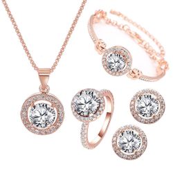 New round diamond necklace bracelet earrings ring set four-piece versatile temperament jewelry girlfriend couple birthday gift