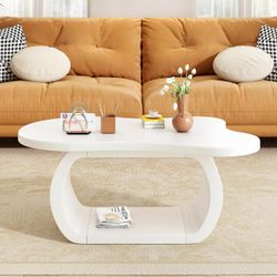 NEW WHITE Coffee Table Modern Cloud 39.3" X 23.6" White MDF 1.5" Thick Top Irregular End Table Curved Legs Easy Assembly Lightweight Accent Table for 