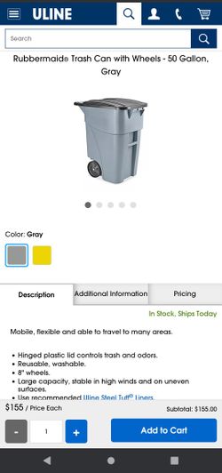 Rubbermaid Trash Can with Wheels 50 Gallon Gray