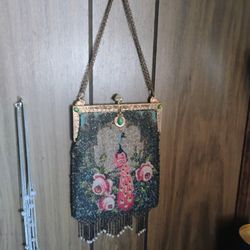  Antique Victorian Beaded Peacock Purse