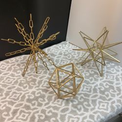3 Different 3-D Geometric, Gold Metal Table Top Abstract Sculptures 