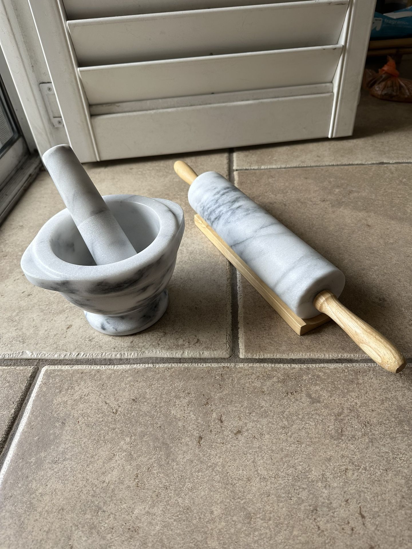 Crate & Barrel French Kitchen Marble Mortar & Pestle And Rolling Pin With Stand