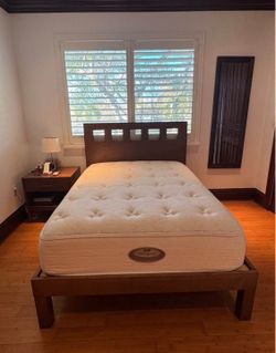 West Elm Full Size brown bed frame with mattress and nightstand