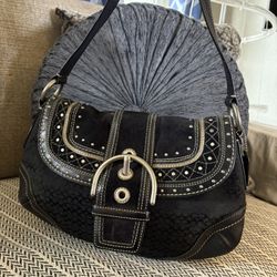 Coach Sojo Black Signature Jacquard ;suede And Leather Studded Hobo