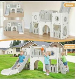 Toddler Slide Set, Climber Playset with Long Slope and Storage Space Indoor Outdoor Playground for Kids with Telescope, Enclosed Steps, Play Area for 