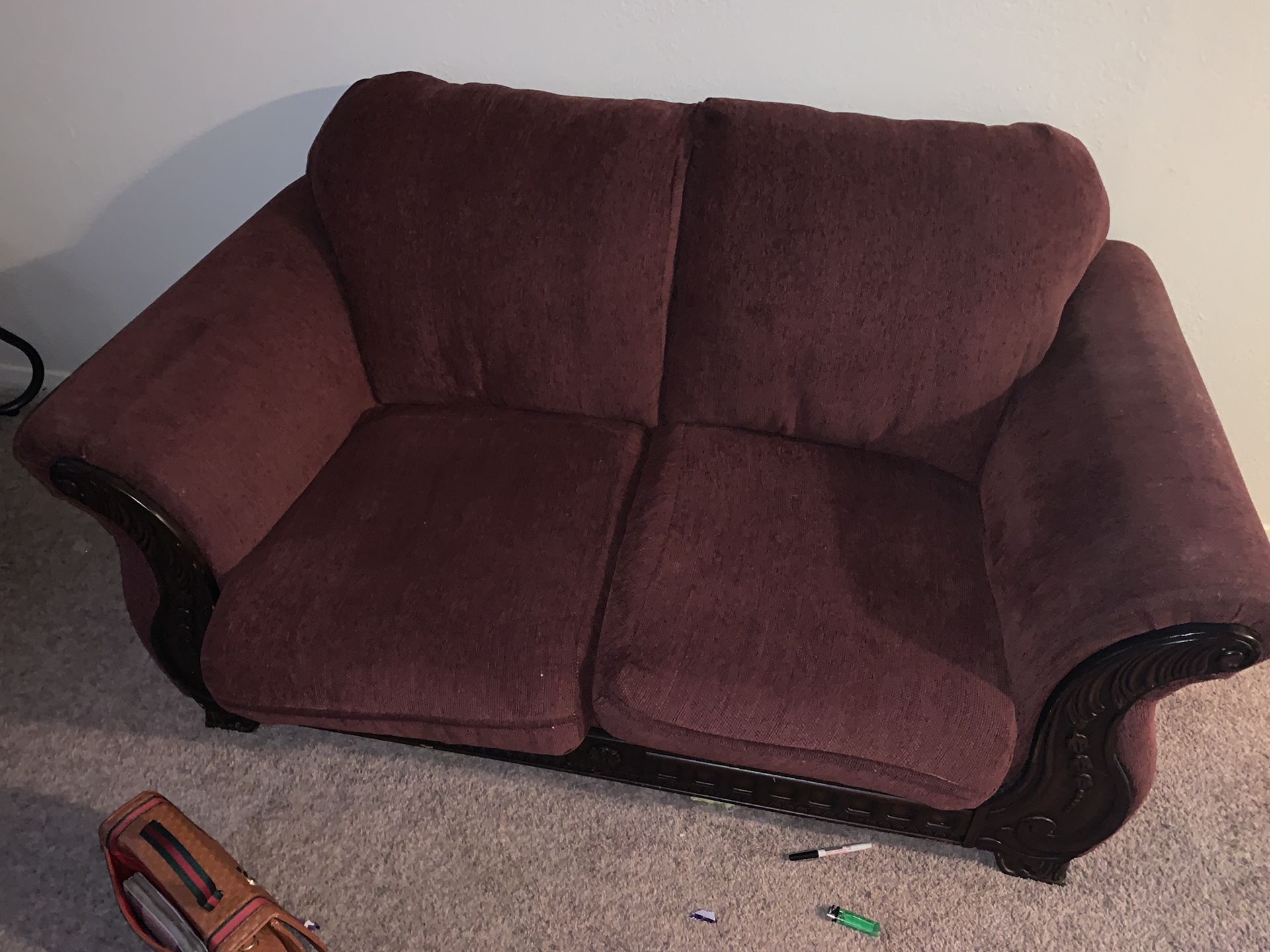 Sofa and accent chair in good condition. End tables missing glass