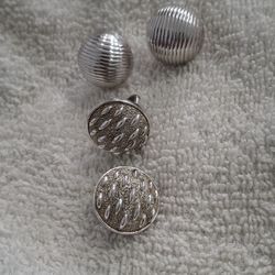 Lot Of  2 :  Signed Trifari Earrings (Clip-On)  +Silver-Tone Domed Earrings (Pierced Studs)