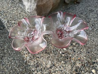 Vintage German Mikasa "Rosella" pattern pink frosted glass double relish /candy / nut dish.