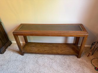 Vintage Mid Century Modern Wood Sofa Console Table with Glass Cane Top