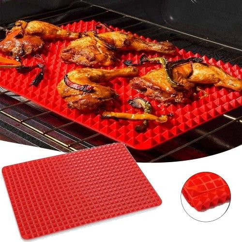 Silicone Baking Mat - 16x11.5" Non Stick Silicone Cooking Mat Fat Filtering Red Pyramid Design, for Roasting, BBQ & Pastry Making - Oven and Microwave