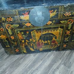 Antique Black Lacquered Handpainted Illustrated Chinese Trunk 