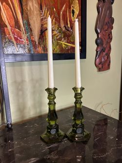 Mid-century Fostoria Coin Glass Olive Green Candlestick Holders, 2 Heavy Green Glass Candlestick Holders, Tall Candle Holders, *Description