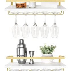 New Wall Mounted Wine Rack Set of 2 White Wood Wine Bottle Glass Holder Floating Shelves with Stemware Hanger Modern Plants Photos Wine Display Storag