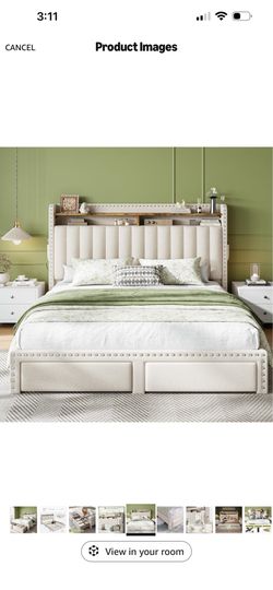Queen Upholstered Bed Frame with Storage Headboard and Drawers
