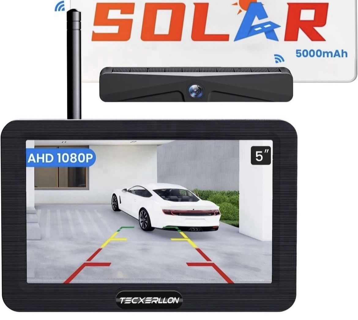 NEW Backup Camera, Solar Wireless Backup Camera with 5" 1080P Monitor, Vehicle Backup Cameras with 5000mAh Solar Battery, IP69K Waterproof Rear View C