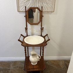 Vintage Solid Oak Wash Stand With Mirror, Pitcher And Bowl. 