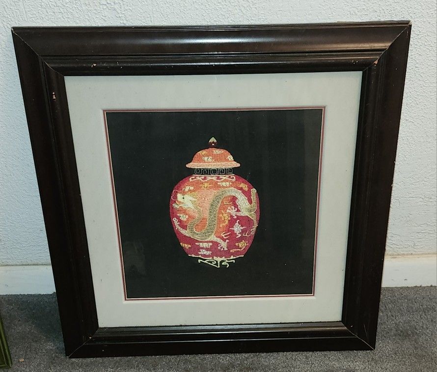 Framed Chinese Silk Embroidered Dragon On Red Ginger Jar