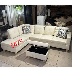 White 3 Piece Sectional Sofa With Storage Ottoman  - june Sale 