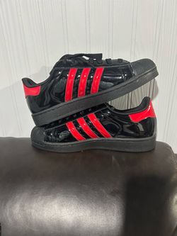 Adidas Superstar Black Patent Red Stripe Sneakers