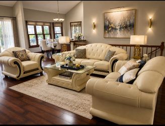 Luxury Ivory Leather Living Room Set – Queen Sleeper + Coffee Table