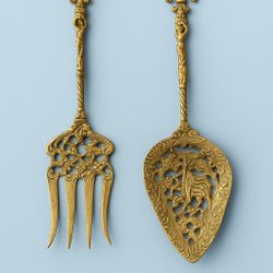 Bellini Italy 1950s Ornate Pierced Silverplated Serving Set Spoon Fork, 10”