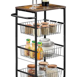 LEGUANG Kitchen Storage Rolling Cart on Wheels, 4 Tier Metal Rolling Utility Carts Microwave Rack with Wooden Tabletop for Kitchen Island, Bathroom, L