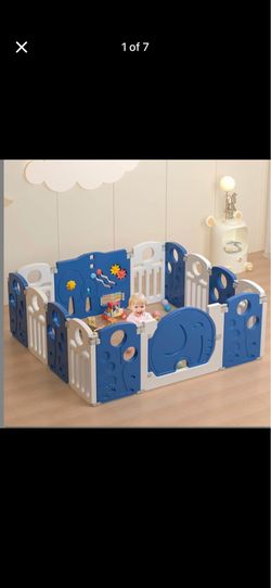 Baby playpen blue white elephant gate activity panels: never opened, new in box