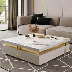 White Square Storage Coffee Table Stone Top